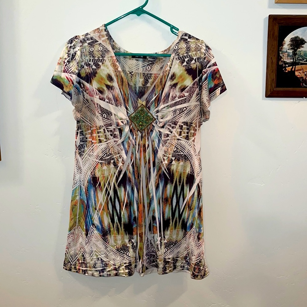 Women’s Short Sleeved Blouse, Beaded Diamond in the Middle, Green, Cream, Browns